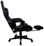 Seitliche Ansicht eines Gaming-Stuhls mit ausziehbarer Fußstütze und ergonomischem Design.