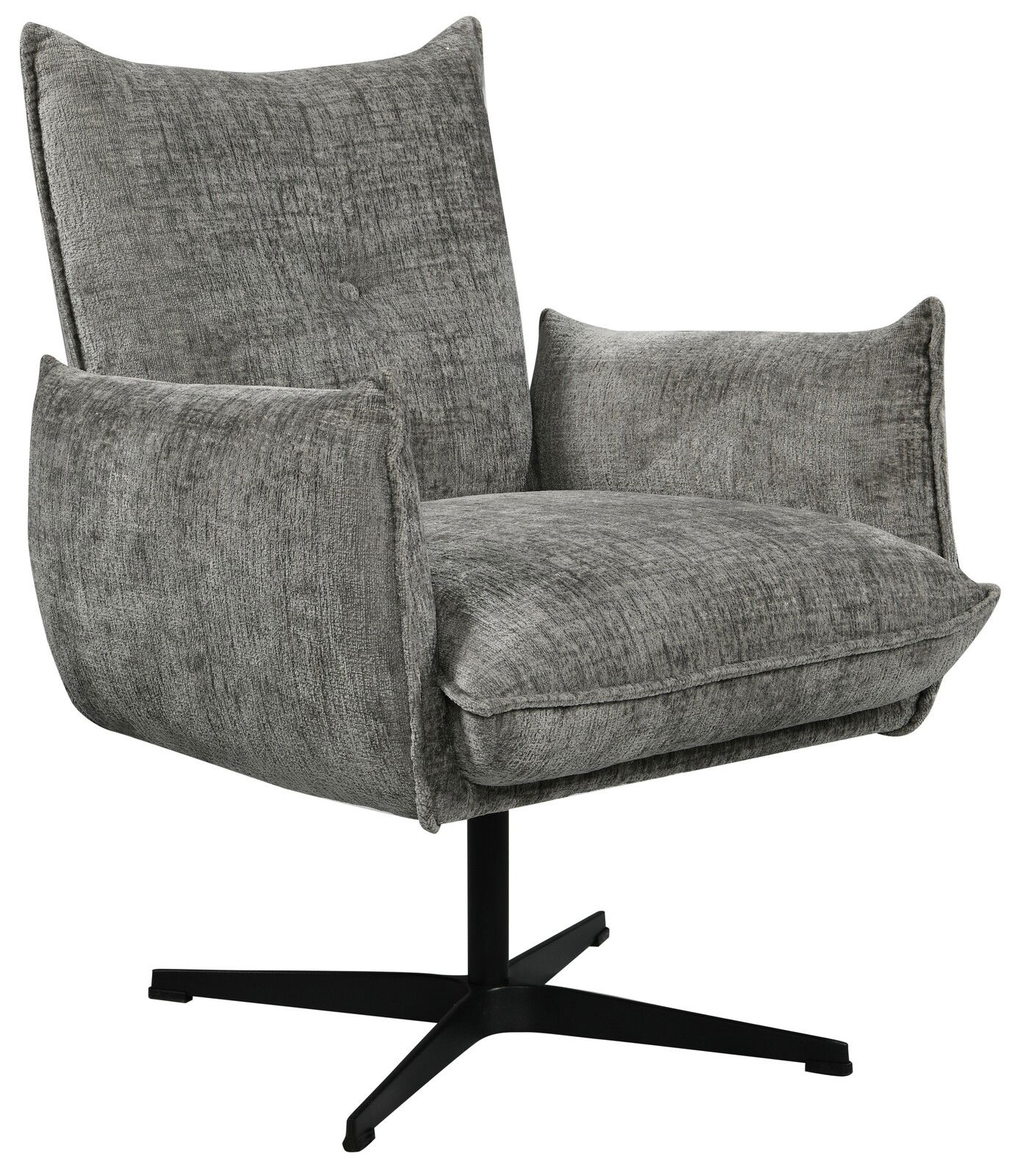 Grauer Relaxsessel mit weichem Stoffbezug und schwarzem Drehfuß, seitliche Perspektive