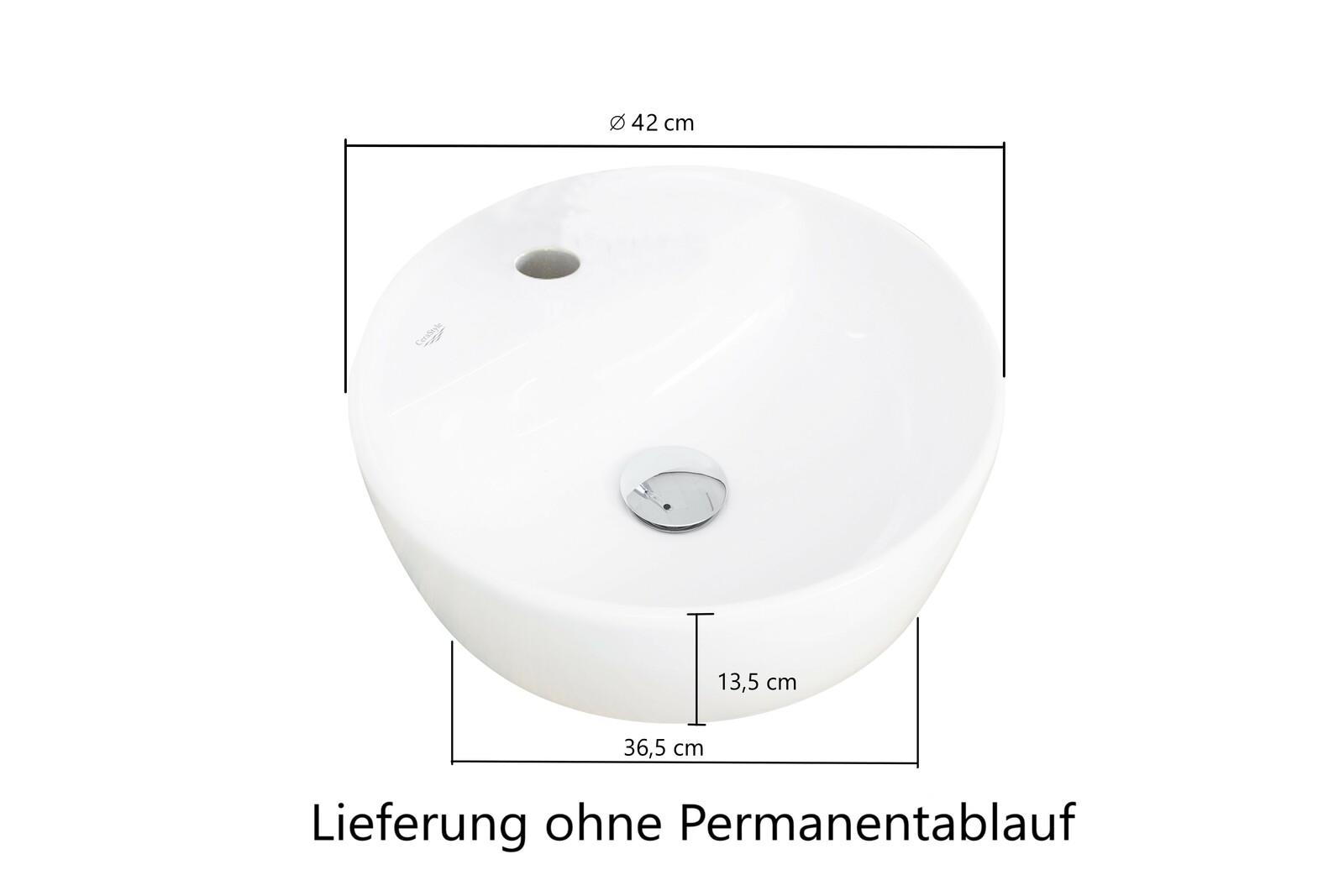 Runder weißer Waschtisch mit einem Durchmesser von 42 cm, einer Höhe von 13,5 cm und einer Breite von 36,5 cm, aus der Vogelperspektive fotografiert. Lieferung ohne Permanentablauf.