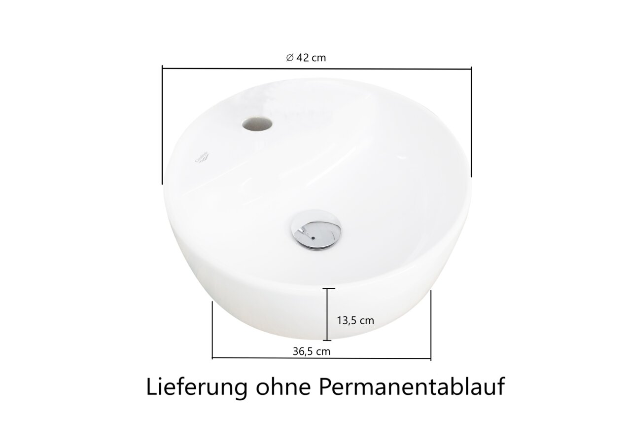Runder weißer Waschtisch mit einem Durchmesser von 42 cm, einer Höhe von 13,5 cm und einer Breite von 36,5 cm, aus der Vogelperspektive fotografiert. Lieferung ohne Permanentablauf.