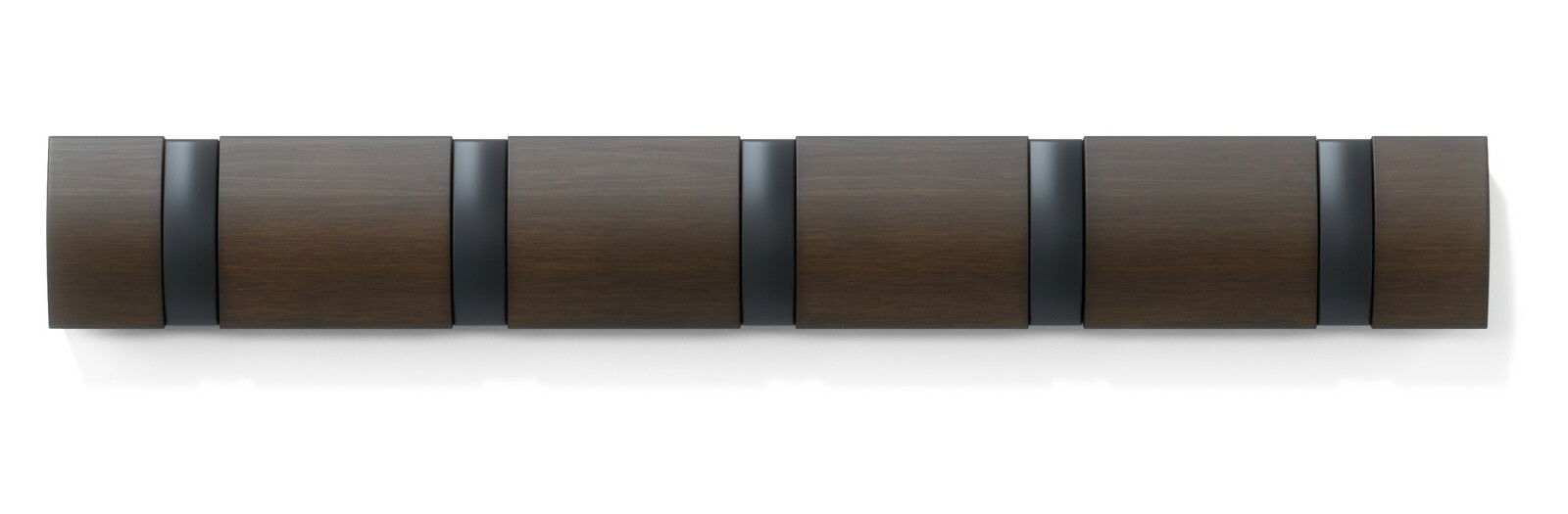 Moderne Wandgarderobe aus dunklem Holz mit fünf rechteckigen Elementen, Ansicht von vorne.