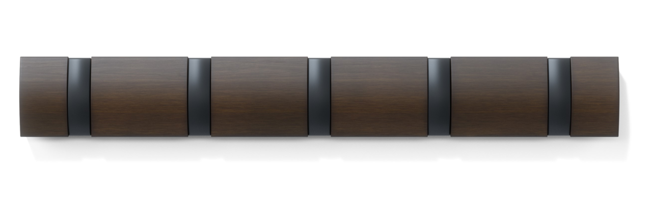 Moderne Wandgarderobe aus dunklem Holz mit fünf rechteckigen Elementen, Ansicht von vorne.