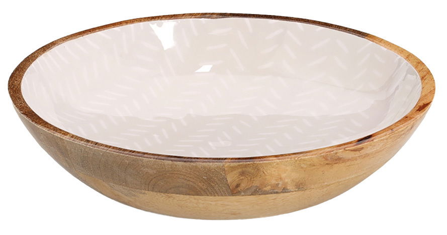 Schale aus Mangoholz mit einem Durchmesser von 25 cm, seitliche Perspektive, zeigt die natürliche Holzmaserung und das helle, gemusterte Innere.