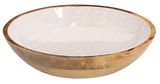 Schale aus Mangoholz mit einem Durchmesser von 25 cm, seitliche Perspektive, zeigt die natürliche Holzmaserung und das helle, gemusterte Innere.