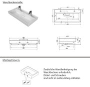 Waschtisch-Set für zwei Armaturen, perspektivische Ansicht von oben, mit detaillierten Maßangaben und Montagehinweis.