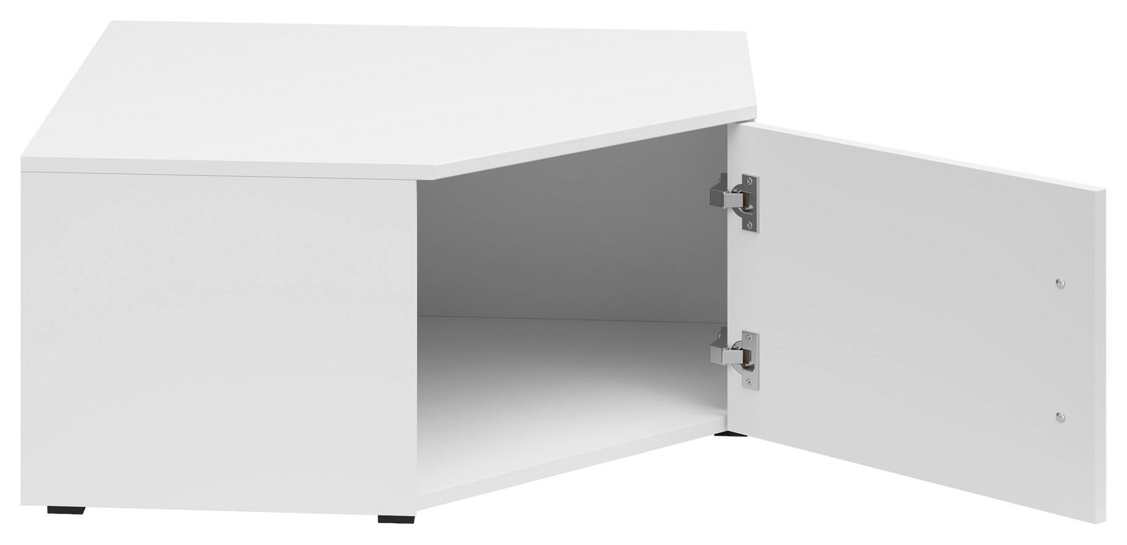 Weißer Eckaufsatzschrank mit geöffneter Tür, Perspektive von vorne rechts