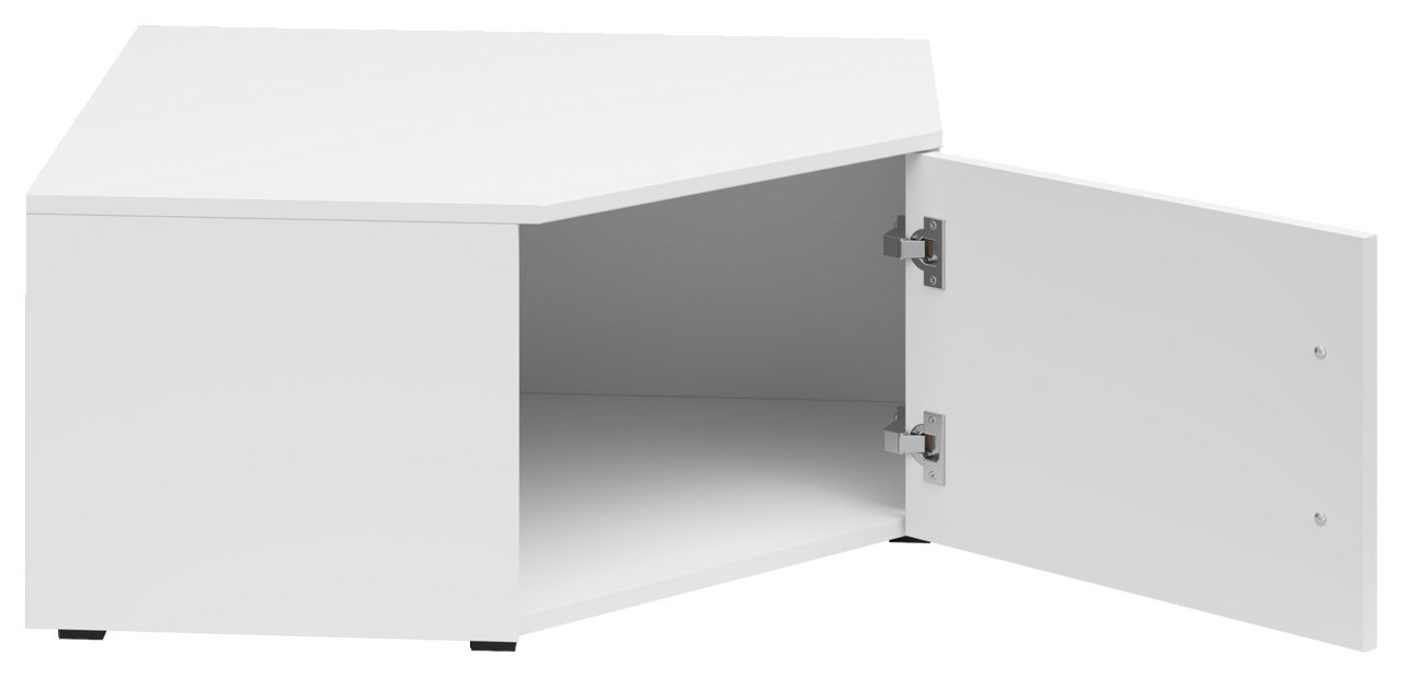 Weißer Eckaufsatzschrank mit geöffneter Tür, Perspektive von vorne rechts