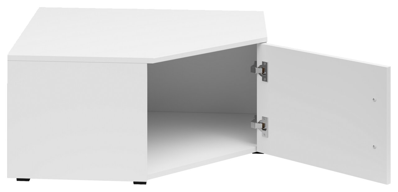 Weißer Eckaufsatzschrank mit geöffneter Tür, Perspektive von vorne rechts