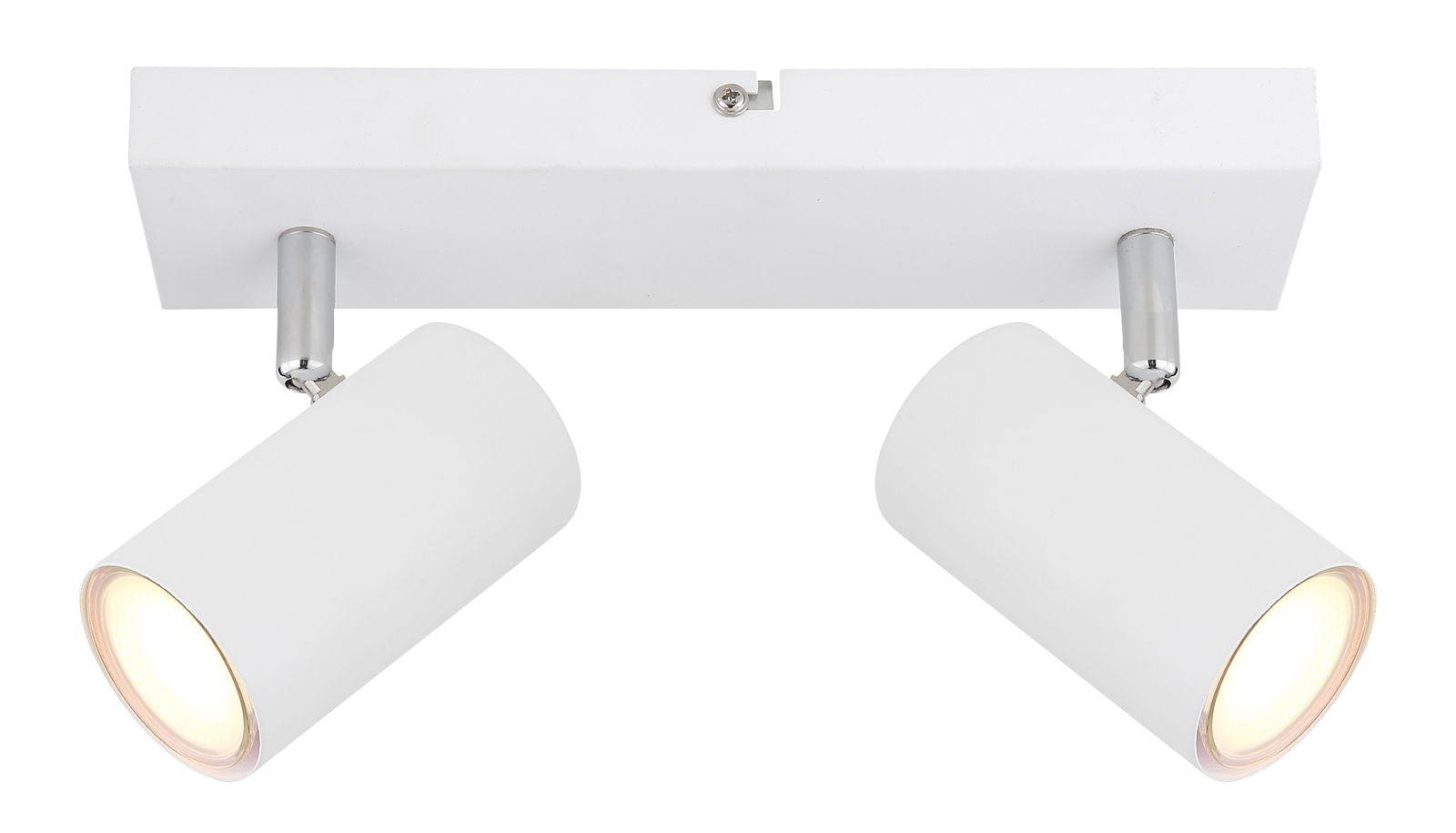 Zweiflammiger weißer Deckenstrahler mit zylindrischen Leuchten, Ansicht von unten.