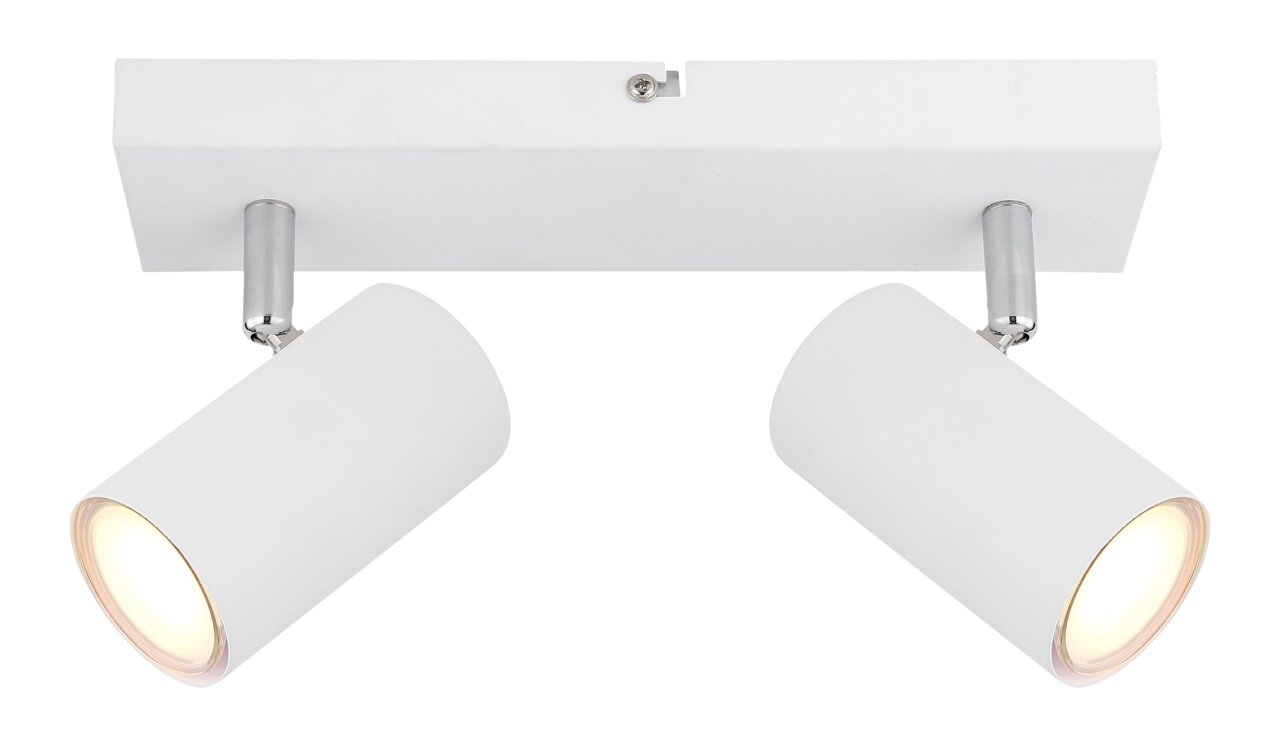 Zweiflammiger weißer Deckenstrahler mit zylindrischen Leuchten, Ansicht von unten.