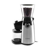 Kaffeemühle aus Edelstahl mit vollem Bohnenbehälter, seitliche Perspektive