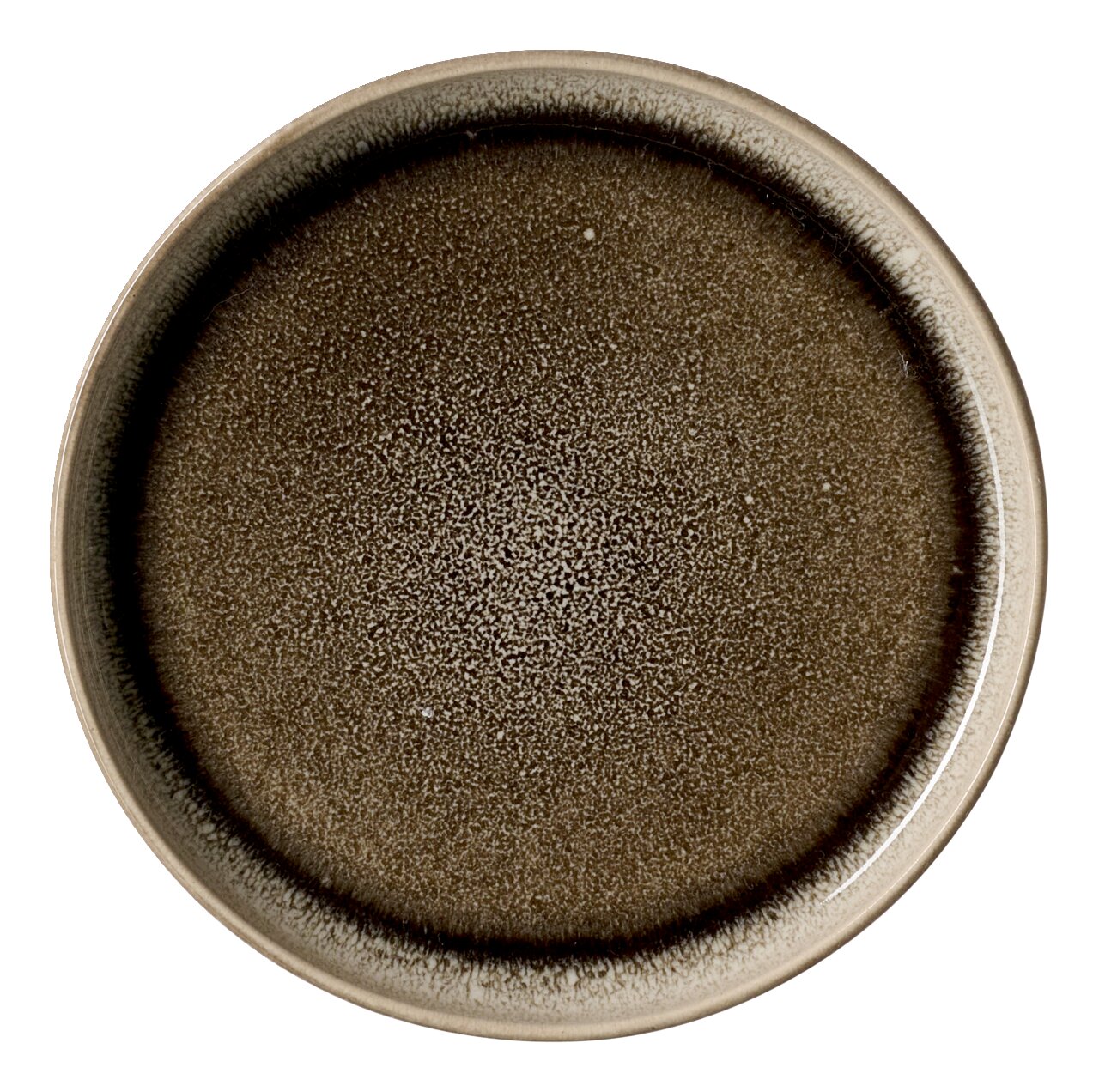 Beilagenteller EDA UMBRA von oben, 11,5 cm, mit dunkler, gesprenkelter Oberfläche.