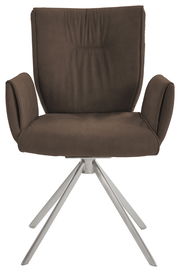 Moderner brauner Sessel mit Armlehnen und Metallbeinen, Frontalansicht