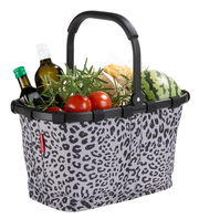 Leopardenmuster-Einkaufskorb mit Griff, gefüllt mit frischen Lebensmitteln, seitliche Perspektive