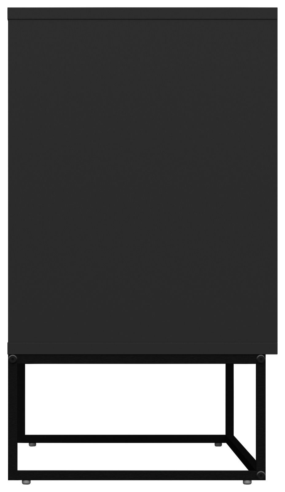 Schwarzes Sideboard aus der Seitenansicht mit modernem, minimalistischem Design und Metallgestell.