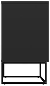 Schwarzes Sideboard aus der Seitenansicht mit modernem, minimalistischem Design und Metallgestell.