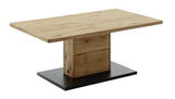Moderner Couchtisch aus Holz mit rechteckiger Tischplatte und stabilem Sockel, seitliche Perspektive