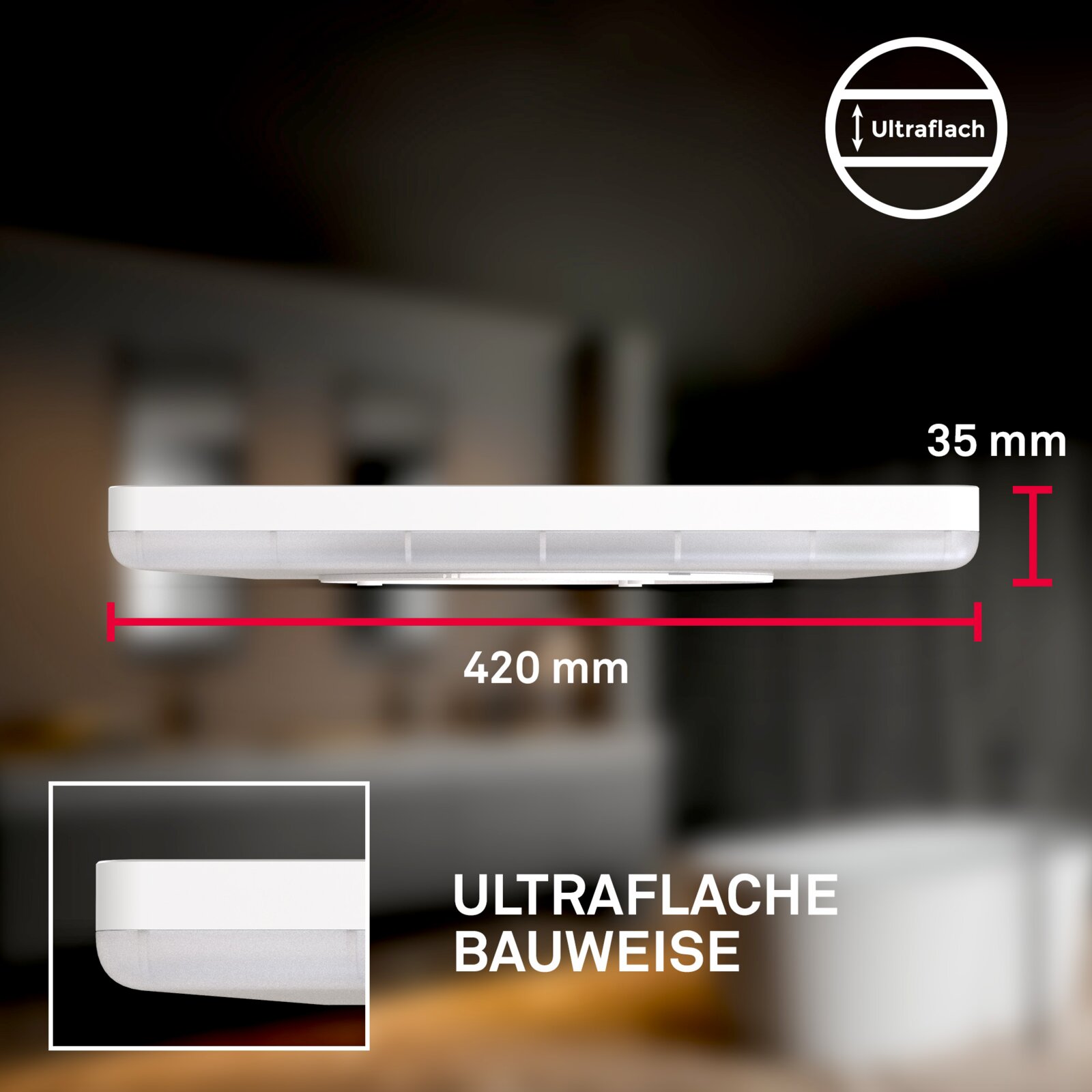 Ultraplatte ronde LED-plafondlamp in wit met matte diffuser, diameter 420 mm en hoogte 35 mm, zijaanzicht op product