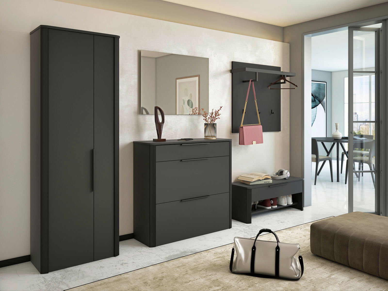 Moderne Garderobeneinrichtung in dunklem Design mit Schrank, Spiegel, Schuhschrank und Garderobenpaneel, seitliche Perspektive.