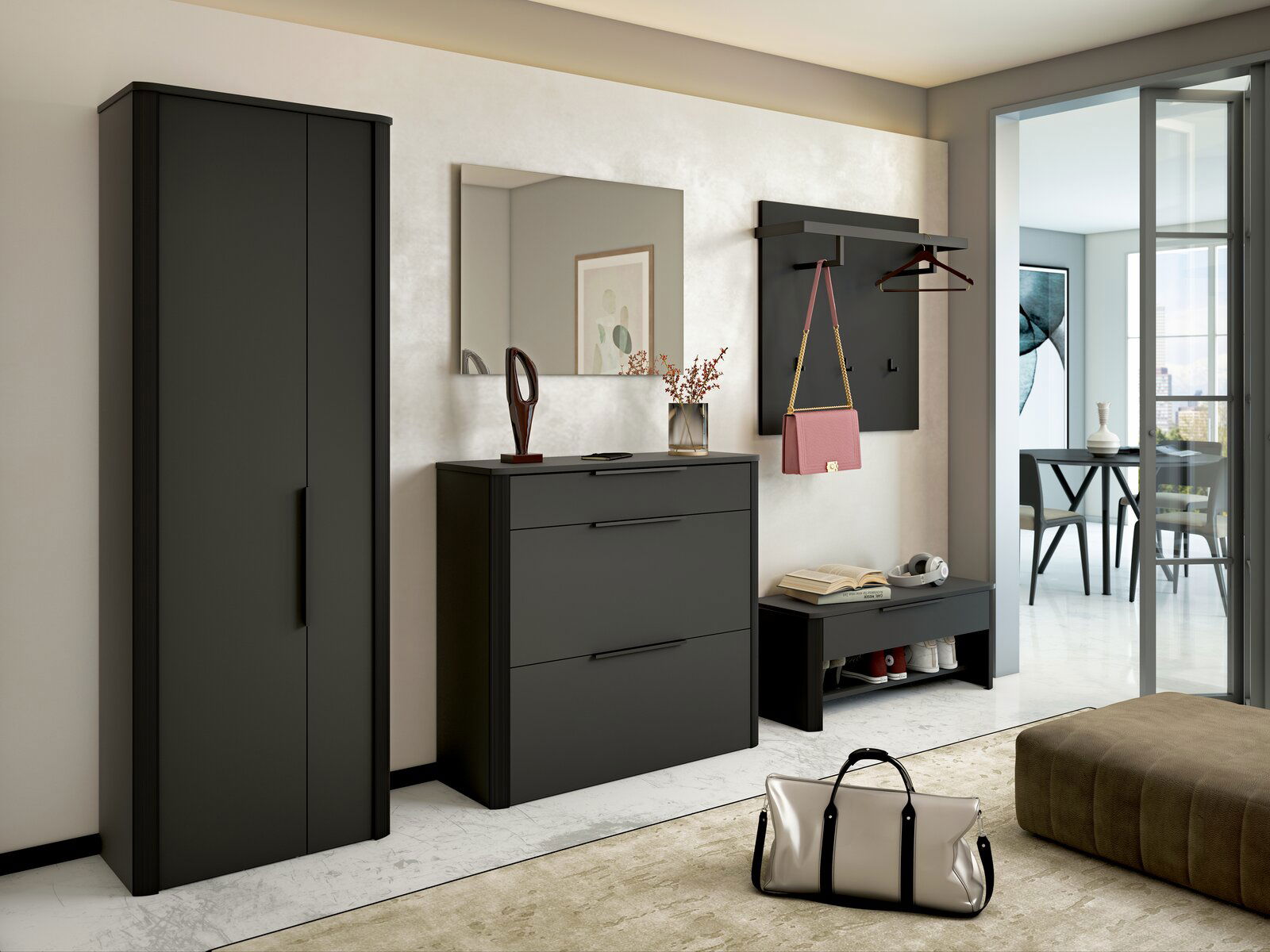 Moderne Garderobeneinrichtung in dunklem Design mit Schrank, Spiegel, Schuhschrank und Garderobenpaneel, seitliche Perspektive.