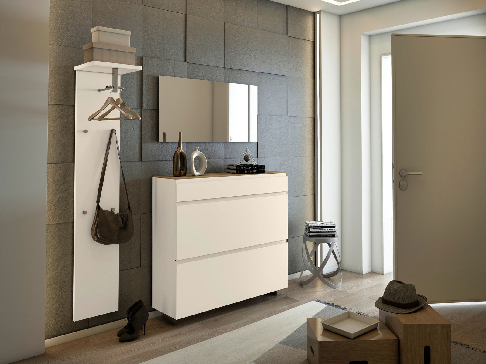 Moderano Hängeschuhschrank LECCO Moderner Eingangsbereich mit weißem Hängeschuhschrank und Garderobenpaneel, seitliche Perspektive