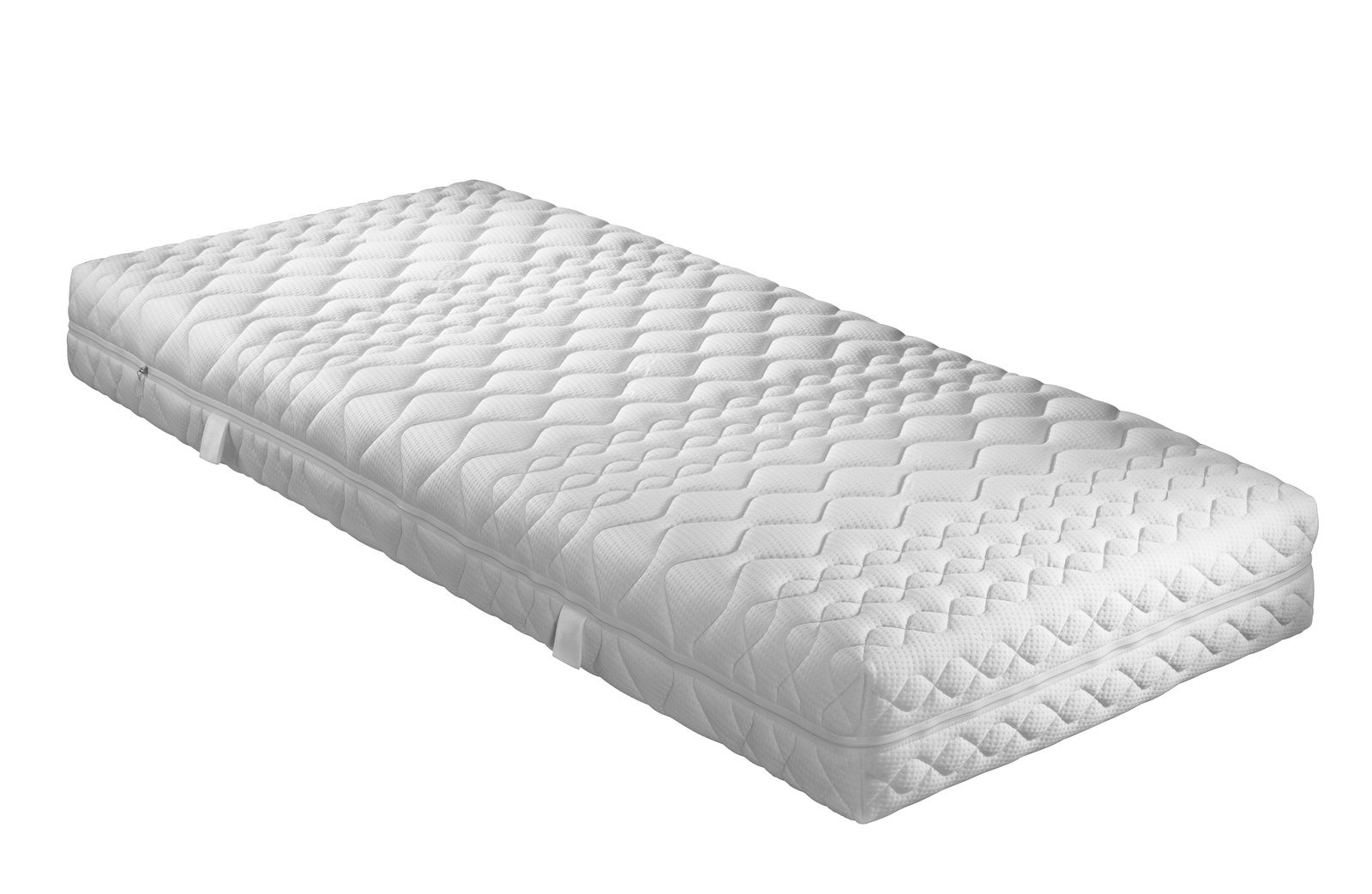 Komfortschaummatratze 90 x 200 cm, seitliche Perspektive, weiße Oberfläche mit gestepptem Muster