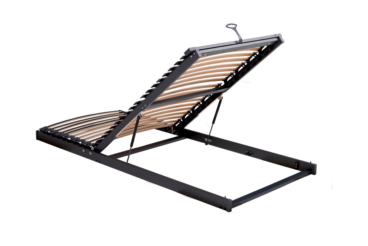 Tempur Systemrahmen 140x200 FORM SYSTEMRAHMEN 1500 Seitliche Ansicht eines verstellbaren Lattenrostes mit Hebemechanismus.
