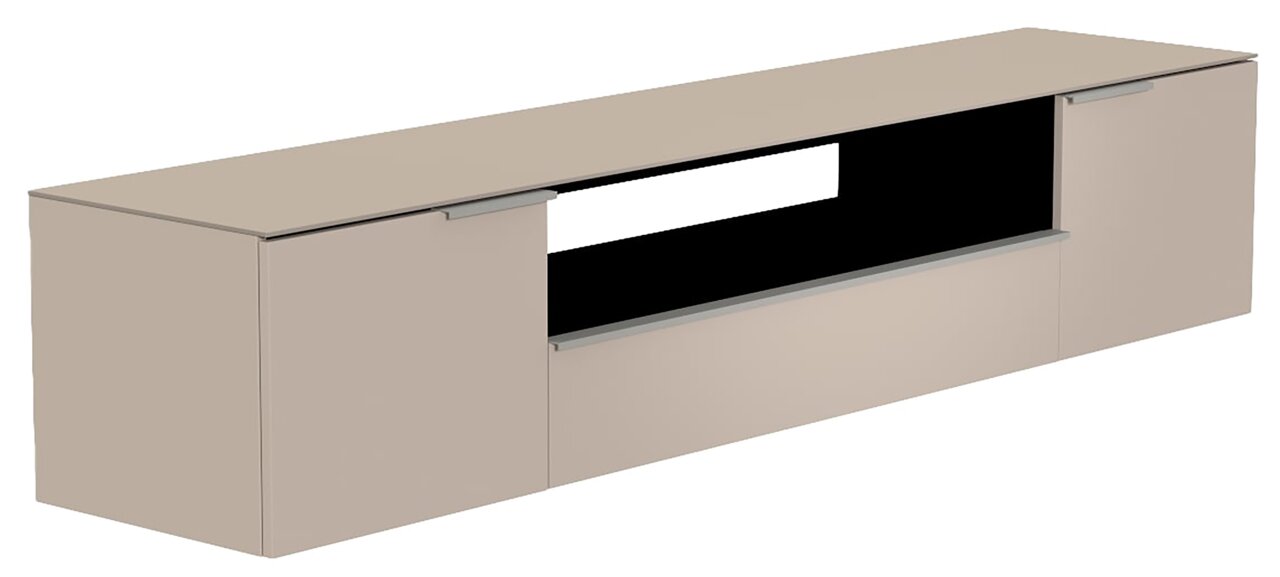 XL Hänge-Lowboard in beige, frontale Perspektive, mit zwei Türen und offenem Fach in der Mitte.