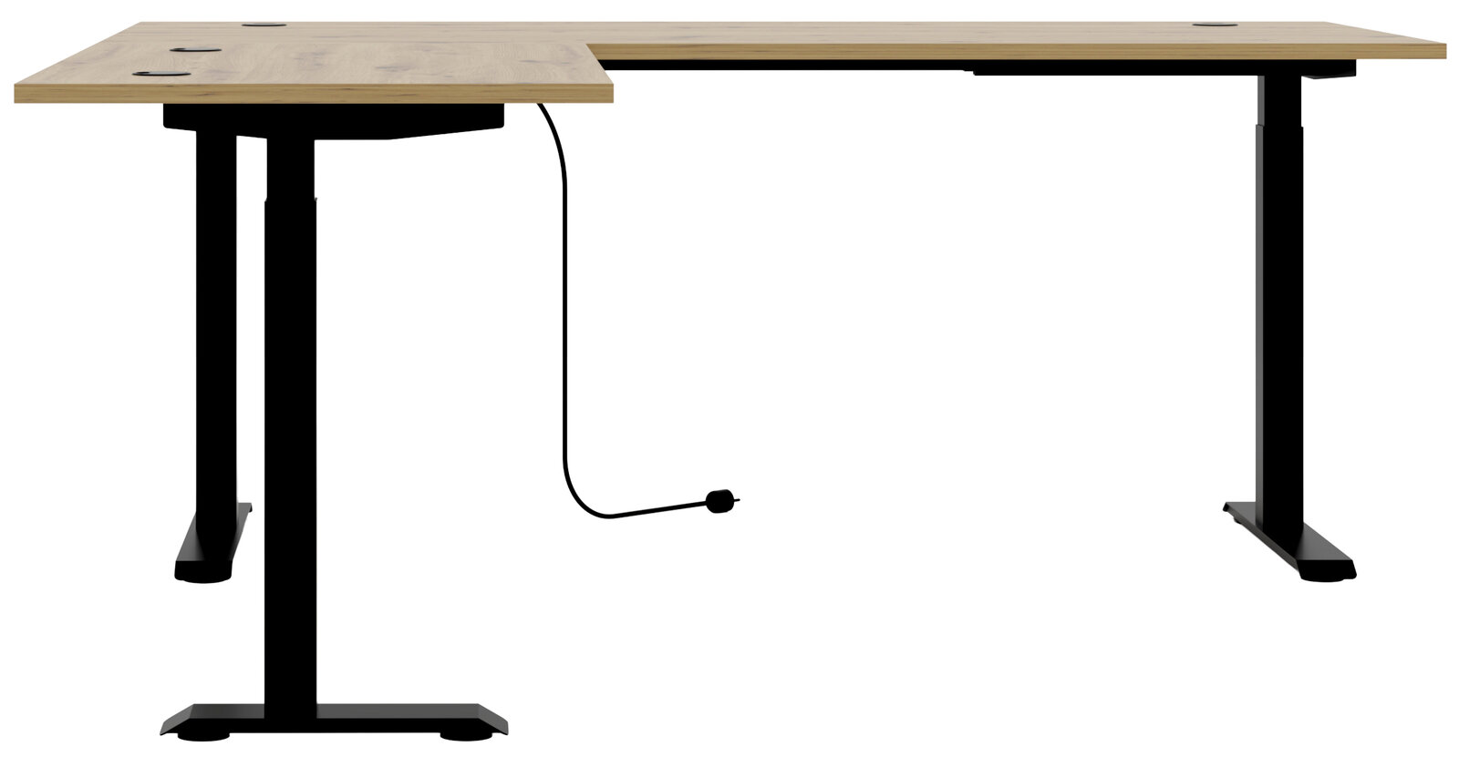 Moderner Eckschreibtisch mit Holzoberfläche und schwarzem Metallgestell, seitliche Perspektive