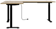 Modern hoekbureau met houten blad en zwart metalen onderstel, zijaanzicht