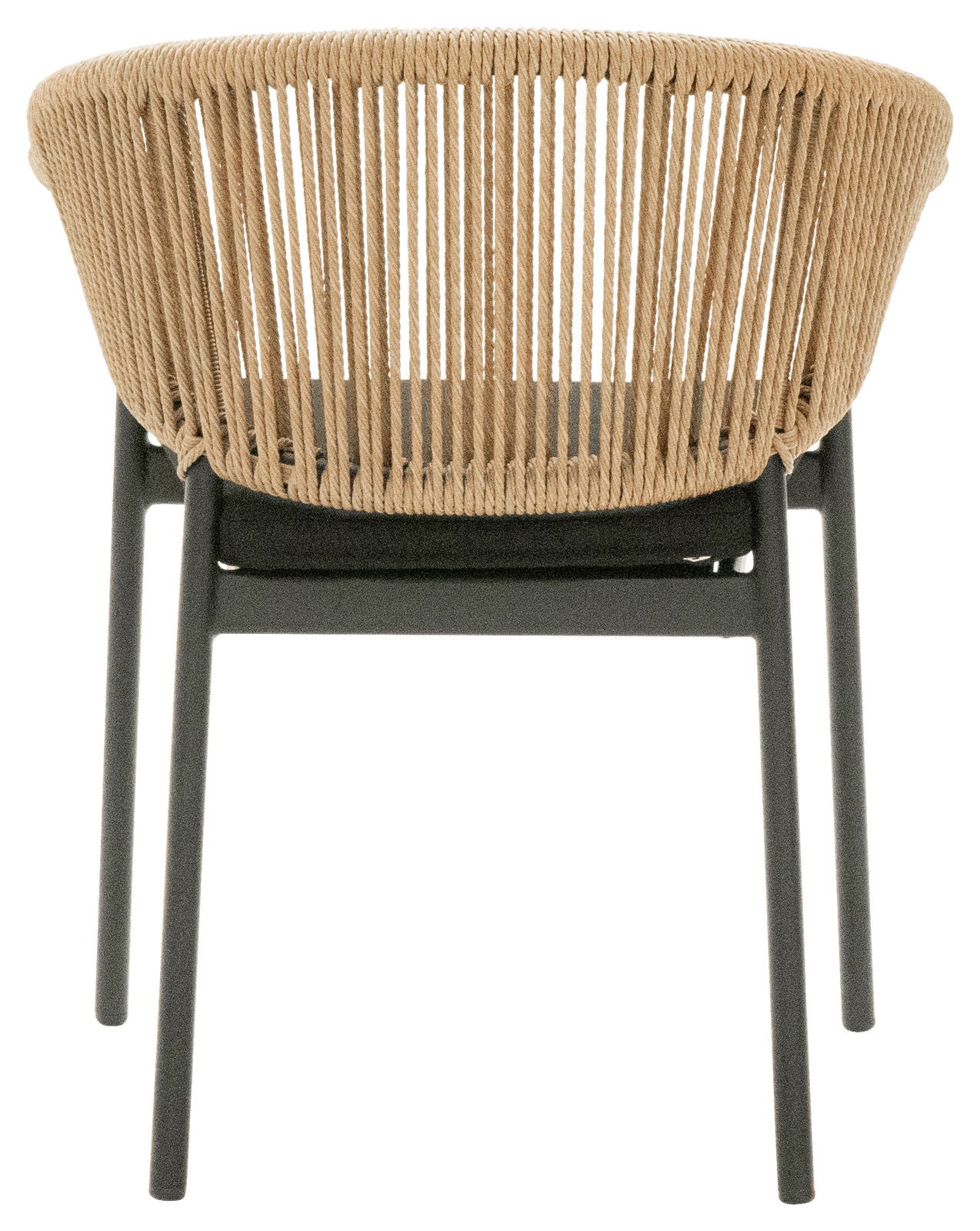 Rückansicht eines Gartensessels mit geflochtener Rückenlehne und dunklem Gestell