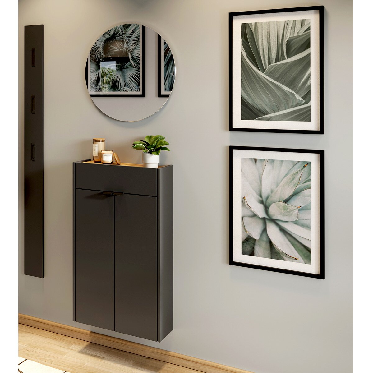 Moderne Garderobe mit Spiegel und Pflanzenbildern, seitliche Perspektive