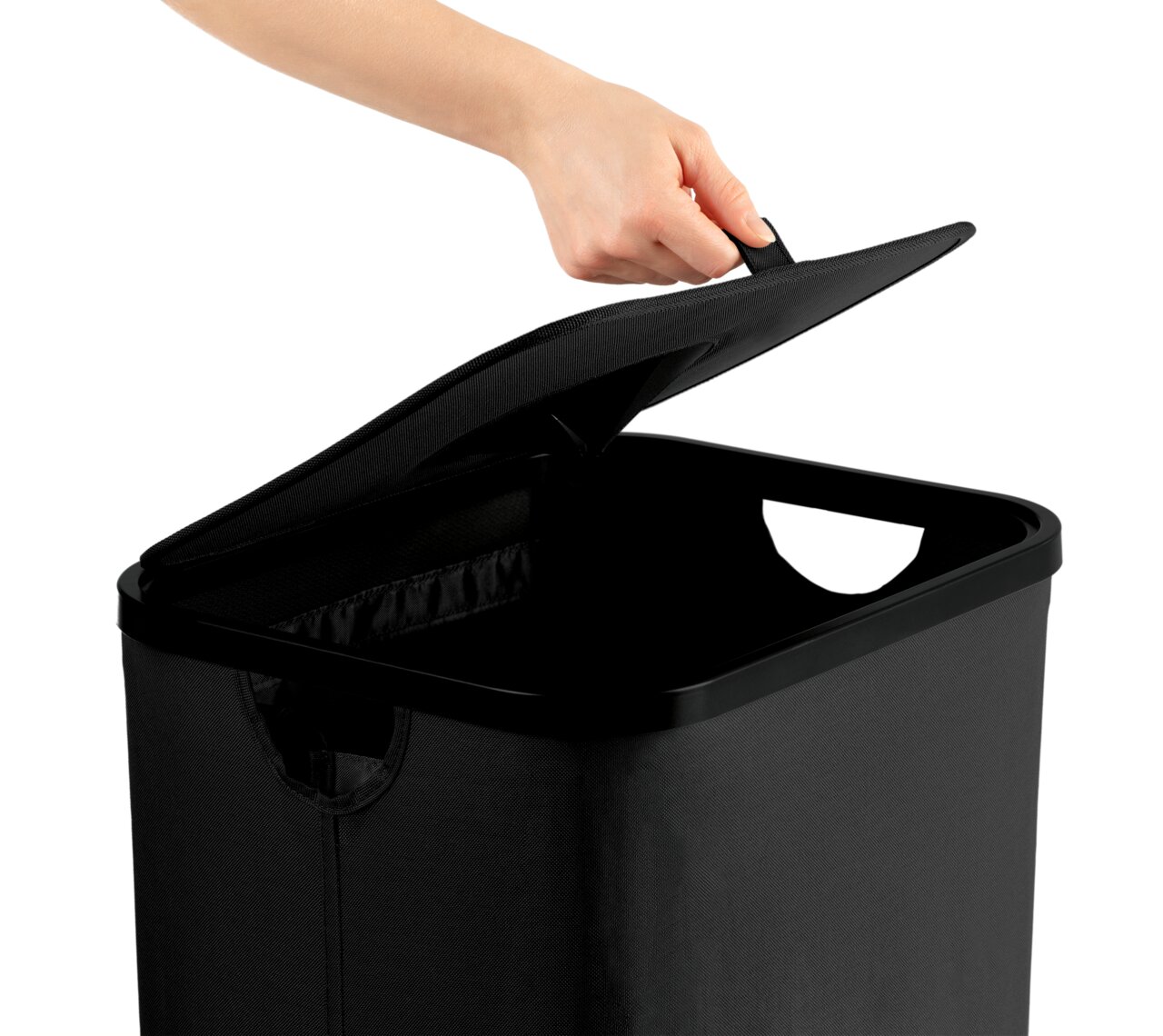 Pfandflaschen Sammelbehälter mit geöffnetem Deckel, seitliche Perspektive