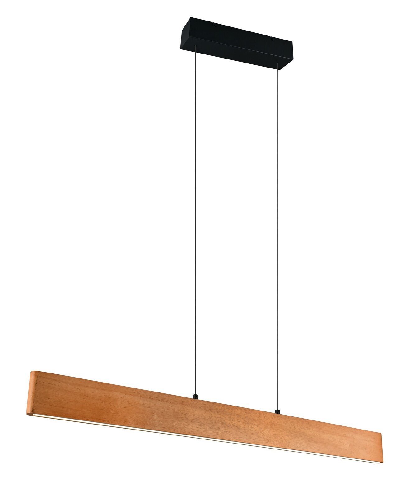 Moderne Pendelleuchte aus Holz in rechteckiger Form, seitliche Perspektive