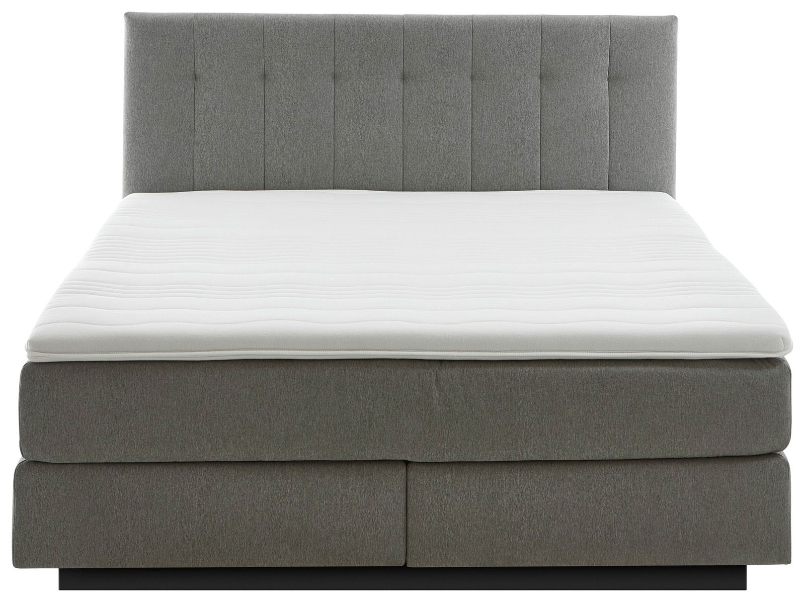 Frontale Ansicht eines grauen Boxspringbetts mit gepolstertem Kopfteil und weißer Matratze.