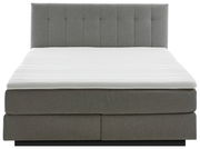 Frontale Ansicht eines grauen Boxspringbetts mit gepolstertem Kopfteil und weißer Matratze.