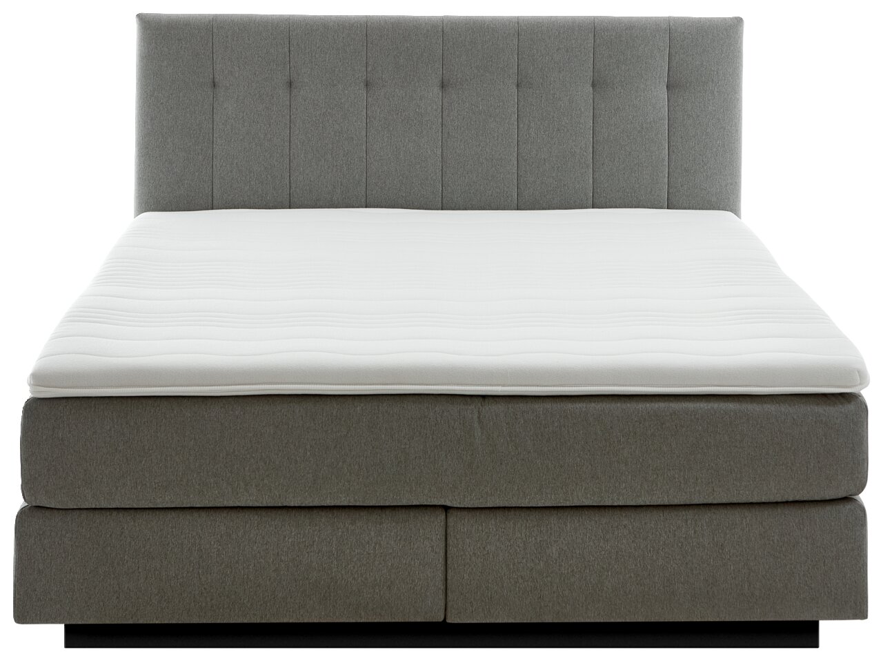 Frontale Ansicht eines grauen Boxspringbetts mit gepolstertem Kopfteil und weißer Matratze.