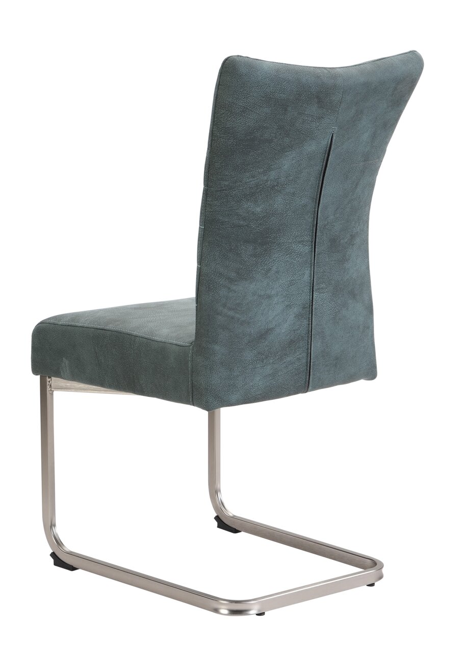 Moderner Schwingstuhl in grauem Stoffbezug, Rückansicht, mit verchromtem Metallgestell.