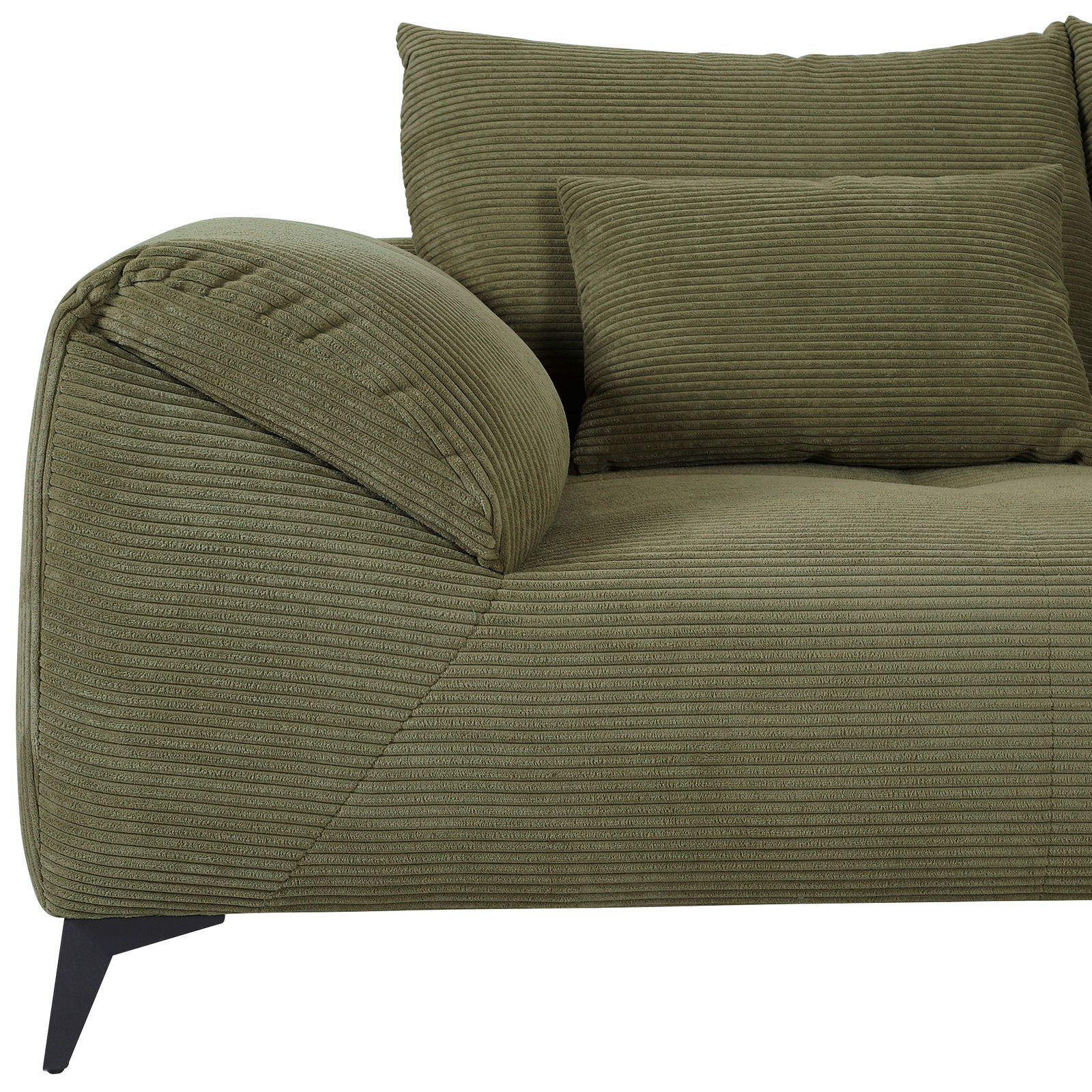 Grünes Sofa mit geripptem Stoffbezug, Ansicht von der Seite mit Armlehne und Kissen.