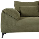 Grünes Sofa mit geripptem Stoffbezug, Ansicht von der Seite mit Armlehne und Kissen.
