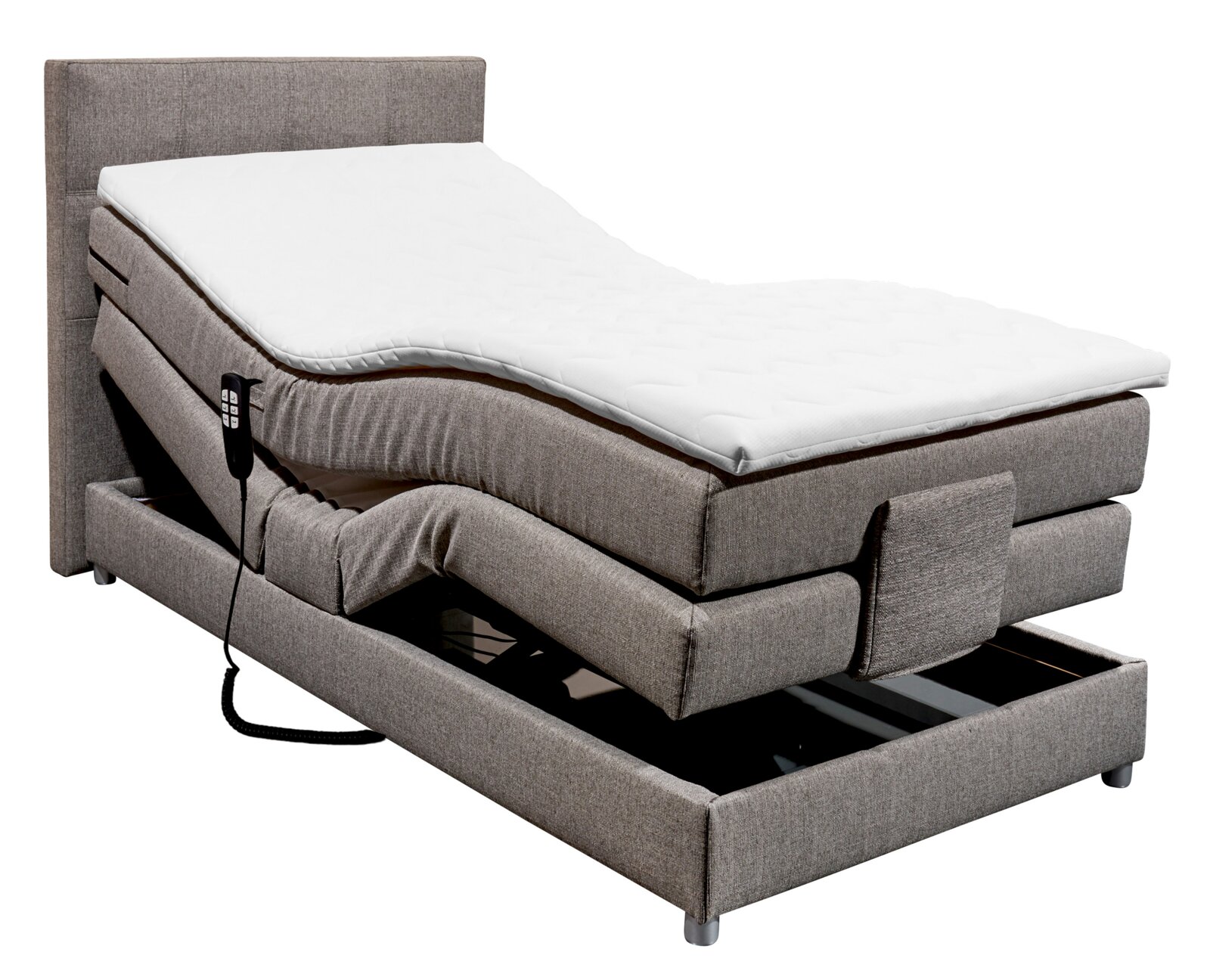 Boxspringbett mit verstellbarem Kopf- und Fußteil, seitliche Perspektive