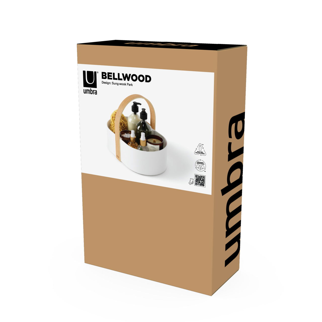 Verpackung des BELLWOOD CADDY in Weiß und Naturholzoptik, Vorderansicht