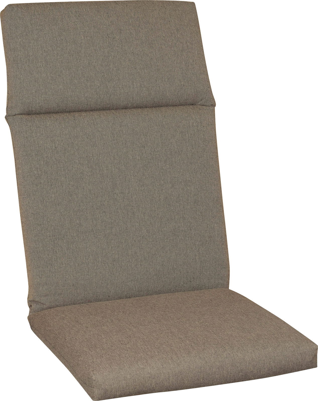 Hochlehnerauflage in braunem Stoff, seitliche Perspektive