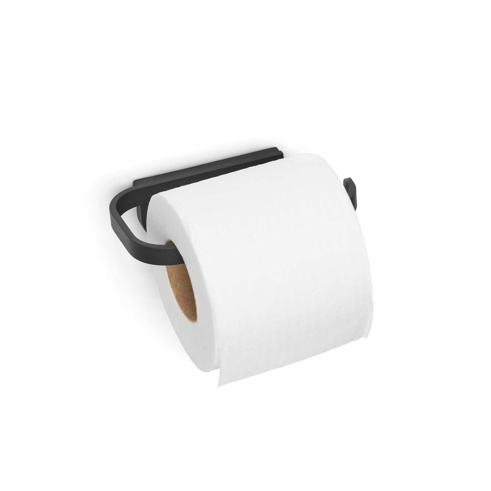 Schwarzer Toilettenpapierhalter mit einer Rolle Toilettenpapier, seitliche Perspektive