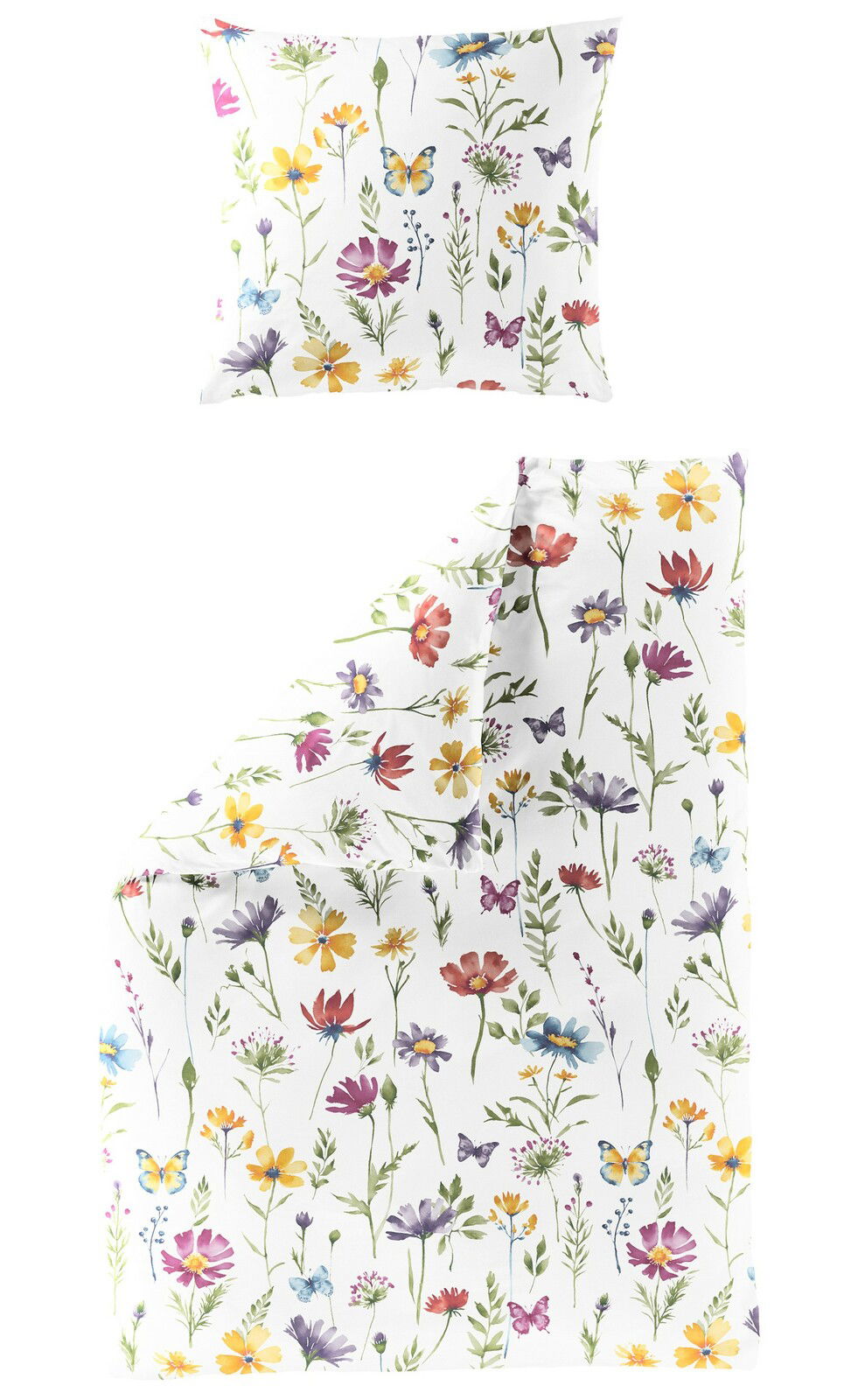 Bierbaum Bettwäsche Bettwäsche-Set mit buntem Blumen- und Schmetterlingsmuster, bestehend aus einem Kissenbezug und einem Bettdeckenbezug, aus der Vogelperspektive fotografiert.