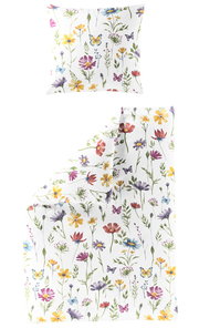 Bettwäsche-Set mit buntem Blumen- und Schmetterlingsmuster, bestehend aus einem Kissenbezug und einem Bettdeckenbezug, aus der Vogelperspektive fotografiert.