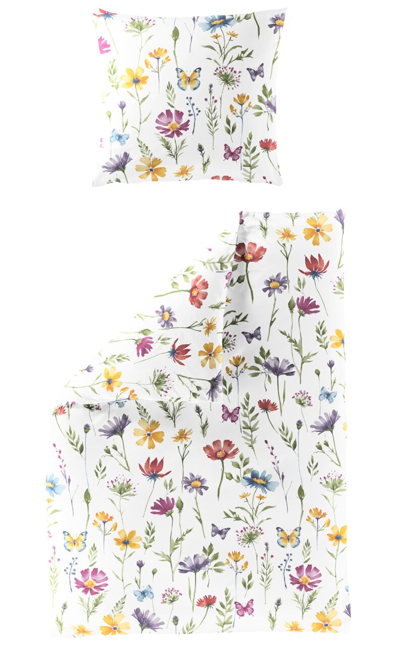 Bettwäsche-Set mit buntem Blumen- und Schmetterlingsmuster, bestehend aus einem Kissenbezug und einem Bettdeckenbezug, aus der Vogelperspektive fotografiert.