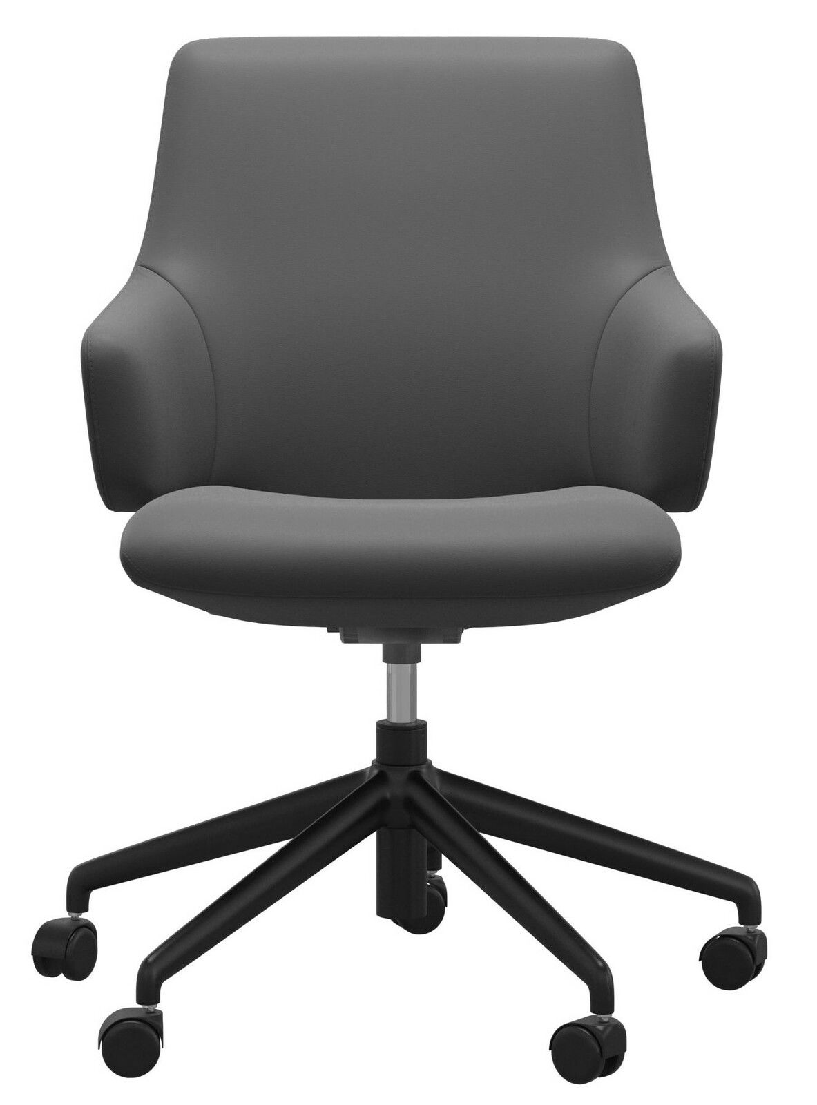 Grauer Home Office Sessel mit Armlehnen und Rollen, Vorderansicht