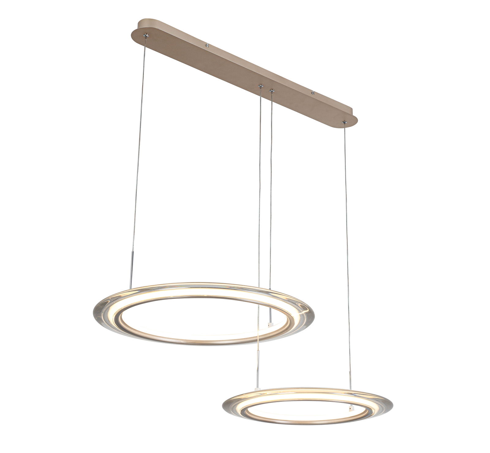 Moderne LED-Hängeleuchte mit zwei ringförmigen Leuchtelementen, seitliche Perspektive