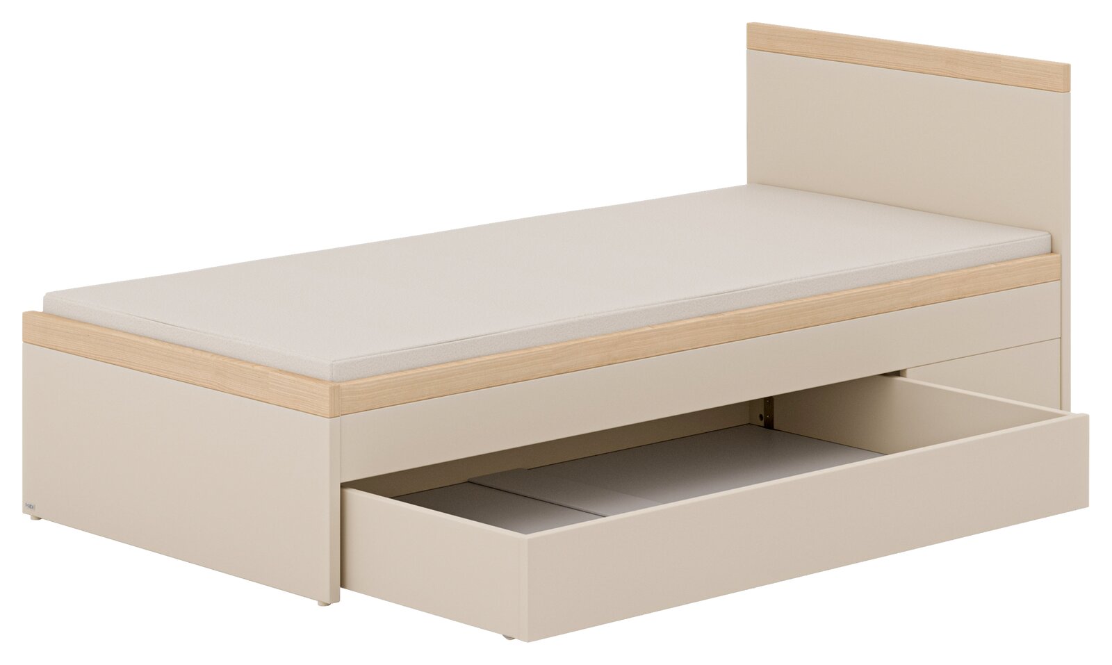 Bettkasten 3/4 in hellem Holzdesign mit geöffneter Schublade, seitliche Perspektive